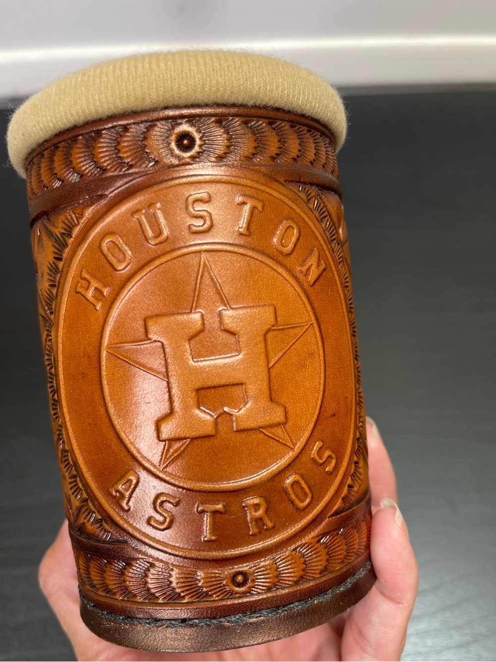 VTG Rico Industries Houston Astros Hand-Tooled Genuine Leather Can Koozie